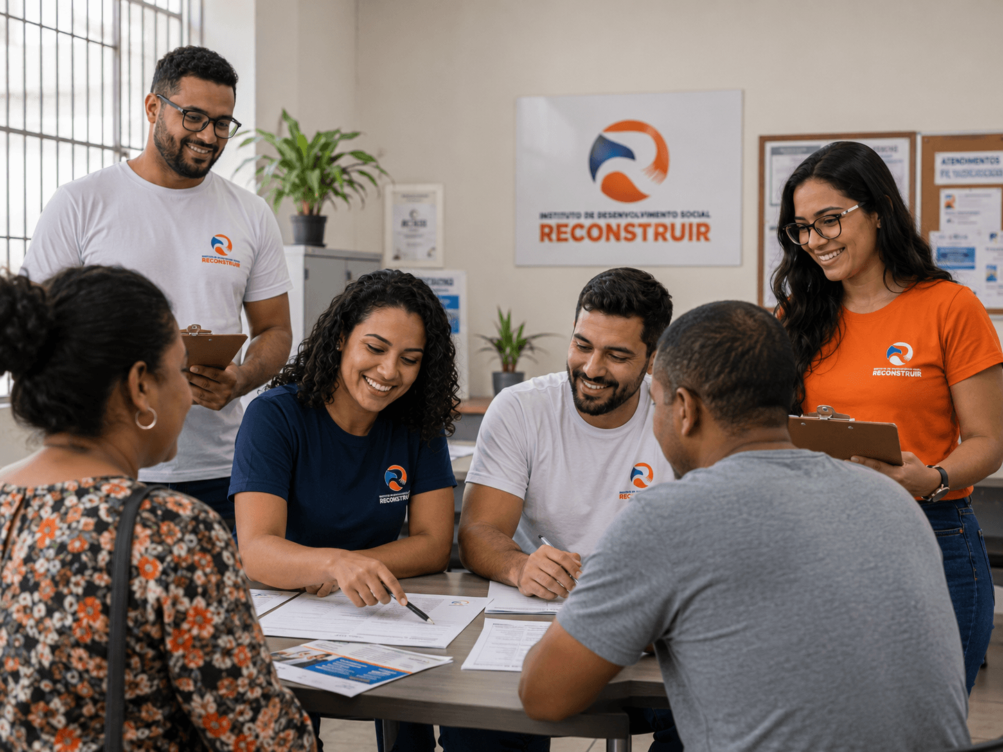 Equipe do Instituto Reconstruir em atendimento a uma família, reunidos em torno de uma mesa.